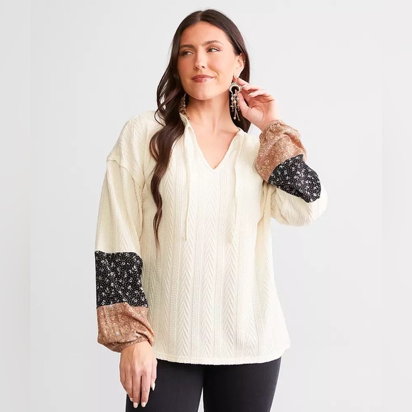 Daytrip Large Cable Knit Long Sleeve Top Block Sleeve - Picture 2 of 5